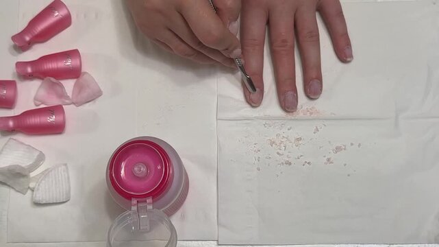 The professional process of removing gel polish using manicure tools and clamps
