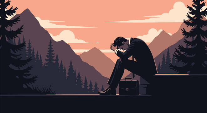 Sad business man sitting on stone wall in dark forest mountain landscape feeling depressed stressed burnout anxiety and corporate pressure after losing job fail.
