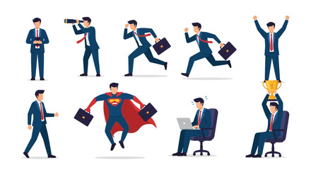 Set of male business professional characters showing various corporate work situations including winning trophy running multitasking and superhero success style. © Sham