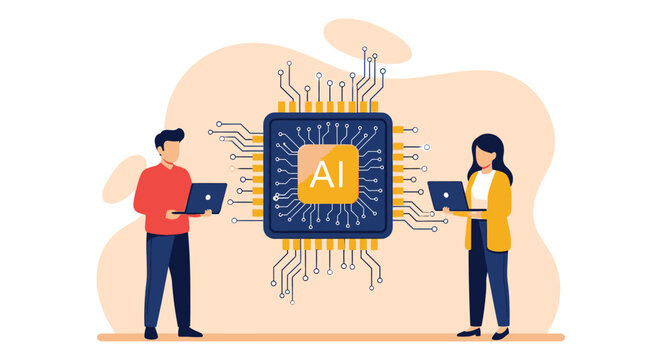 Conceptual illustration of male and female professionals working on laptops near large computer processor with artificial intelligence text and circuitry.