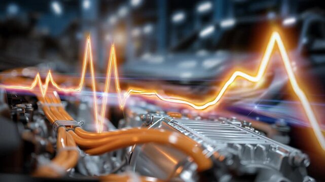 Glowing waveform over electric engine showing energy pulse animation tracing power flow across orange highvoltage cables and metallic motor components