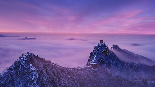 A timelapse of the Simatai Great Wall, showcasing the dramatic changes in the landscape as snow and fog appear during the early hours of a winter morning.