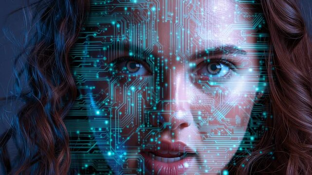 Closeup woman portrait holographic circuitry overlay, intense gaze under blue neon lighting, halfface digital circuit traces and floating data particles, subtle