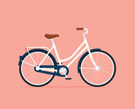 White vintage bicycle with dark blue fenders and brown seat and handlebars, isolated on a light pink background, simple flat illustration.