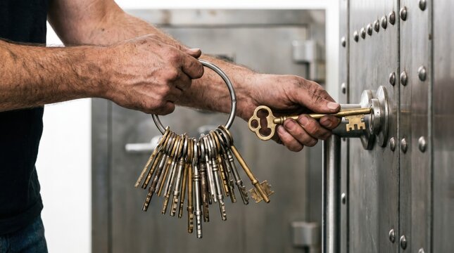 Person holding a large ring of vintage skeleton keys opening a heavy metal vault door