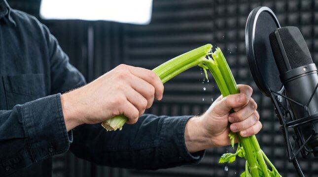 Foley artist breaking a stalk of fresh celery in front of a microphone to record sound effects