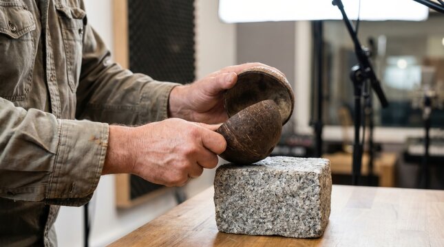 Foley artist hitting two coconut halves together on a stone block to create horse hoof sound effects