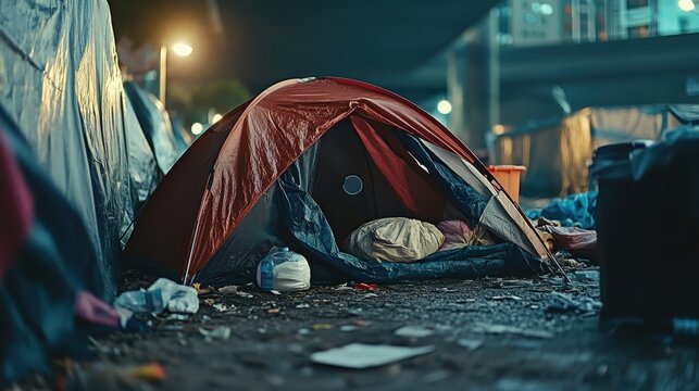 A humble tent stands as a makeshift shelter for the homeless in an urban environment, showcasing the harsh realities of poverty