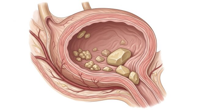 Illustration depicts bladder stones within a bladder. This visual aids in understanding common pet health issues related to urinary diseases.