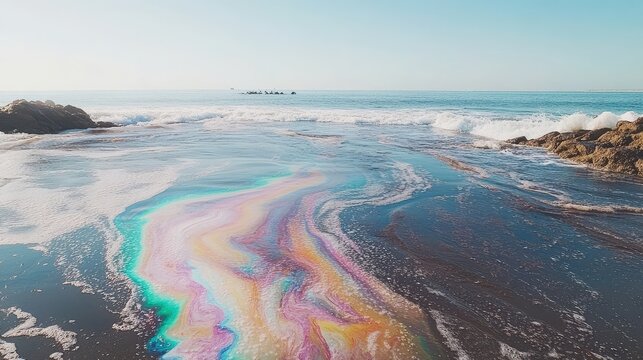 A vibrant oil slick with iridescent colors swirls on the ocean surface near a serene coastline under a clear sky.