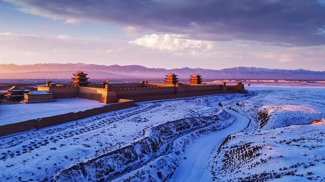 A captivating time-lapse showcasing the Gansu Jiayuguan Great Wall at sunrise, with the landscape gradually transforming as the soft light of dawn reveals the snow-covered structure.