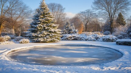 Obraz premium A serene winter landscape featuring a frozen pond surrounded by snow-covered trees under a clear blue sky with natural light illuminating the scene.