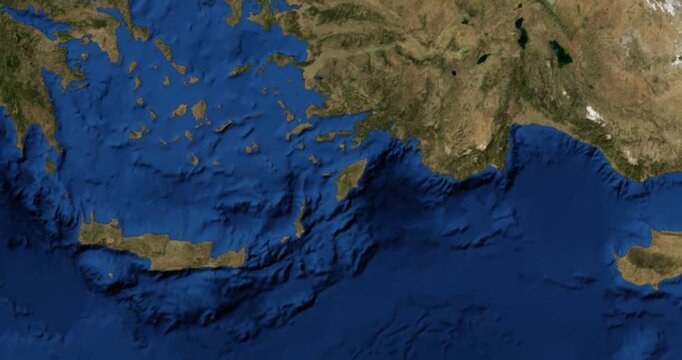 Rhodes on Globe. Zoom into the island with Earth spinning in space. High detail physical world map with Rhodes on it. Elements of this image furnished by NASA.