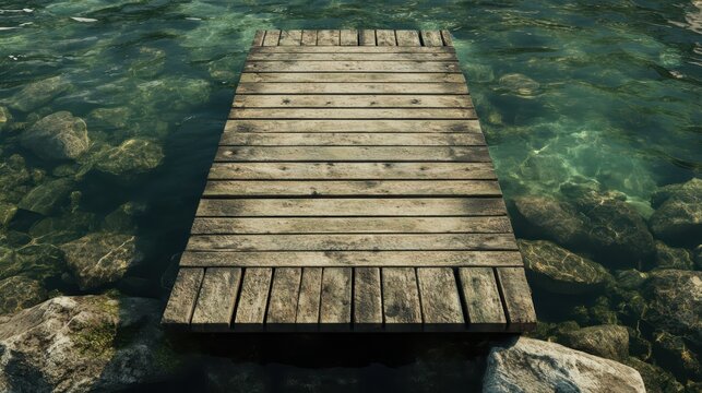 A weathered wooden dock extending into crystal clear lake water bathed in soft inviting light.