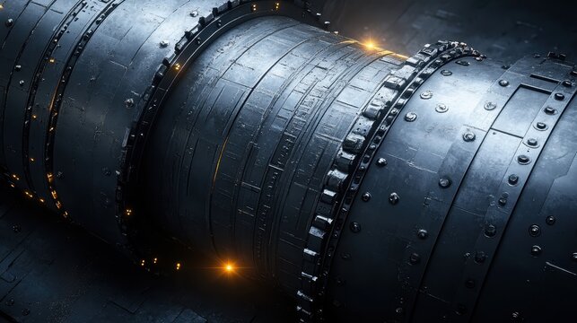 Close-up of a large industrial machinery engine with dynamic lighting and detailed textures