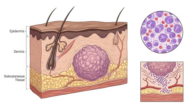 A mast cell tumor within skin layers highlighting the epidermis, dermis, and subcutaneous tissue in animals.