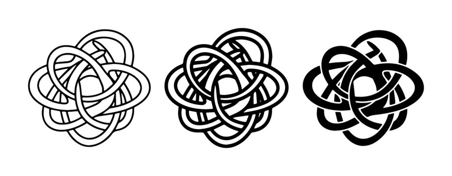 Abstract celtic knot vector set, interlocking circular line art icons, black and white geometric knotwork symbols for logo design and branding
