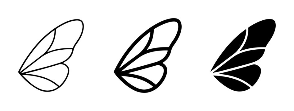 Minimalist butterfly wing vector set, black line art insect wings collection, simple butterfly wing icons for logo design and branding