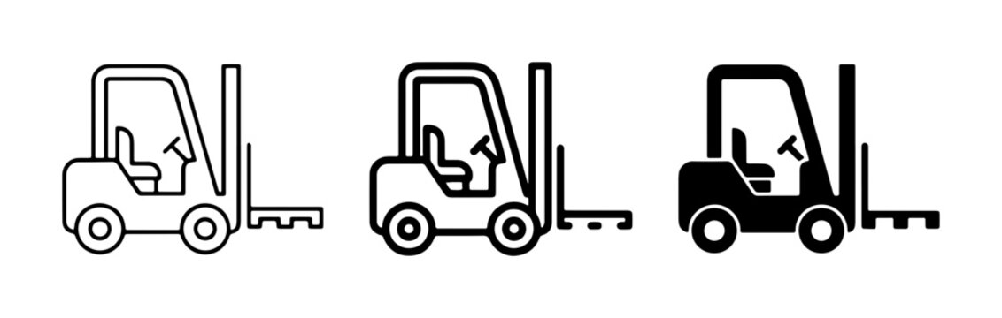 Industrial forklift icon set, warehouse machinery vector symbols, black line and solid lift truck graphics for logistics and shipping