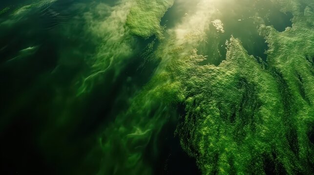 Aerial view of vibrant green algae blooms swirling in marshland waters under bright sunlight