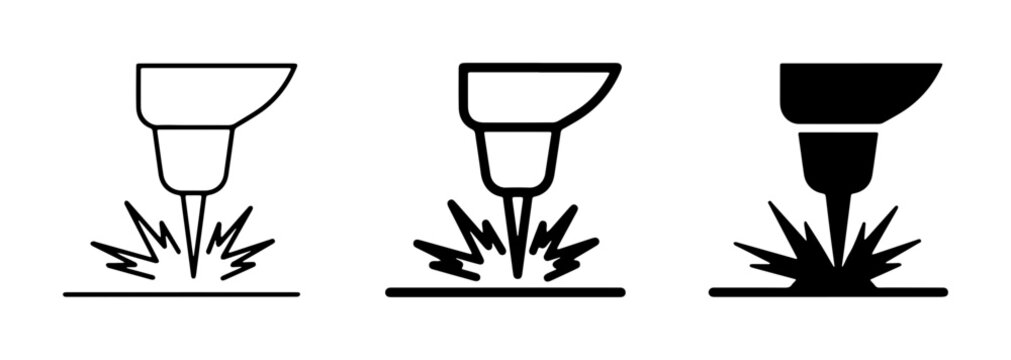 Laser cutting machine icons set, industrial CNC metal processing symbols, plasma cutter and welding torch vector illustrations for manufacturing