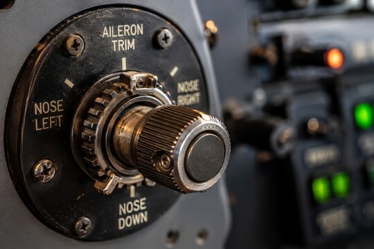 A close up view of an aircraft aileron trim control inside a modern airplane cockpit reveals the precision engineering and tactile mechanical systems that pilots rely on during flight.