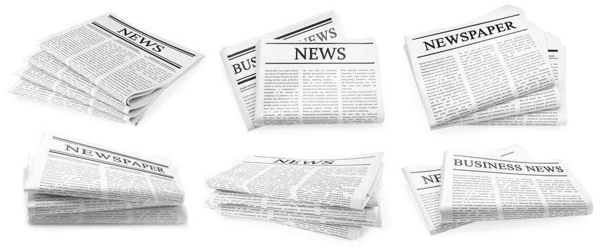 Newspapers isolated on white, set. Printed publication
