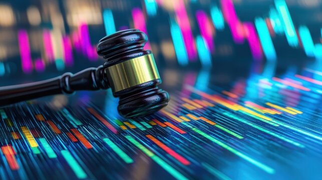 Antitrust Law Gavel Over Financial Charts Representing Economic Regulation and Justice