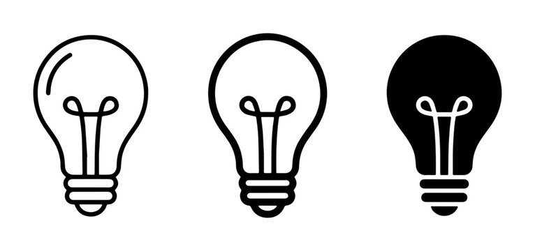 Minimalist light bulb icon set, black linear and solid lightbulb vector symbols, creative idea and innovation concept graphics for business and education