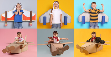Cute children playing airplane pilot. Collection of portraits on colorful backgrounds. Fun science for kids © New Africa