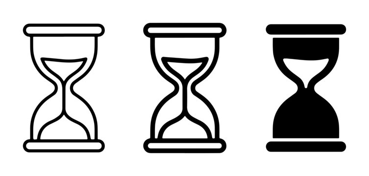 Minimalist hourglass icon set, black line and solid sand clock vector symbols, time management and deadline concept graphics for business UI
