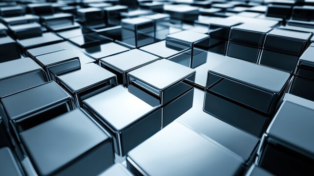 Abstract Metallic Cubes in Reflective Geometric Pattern with Dramatic Lighting and Polished Look