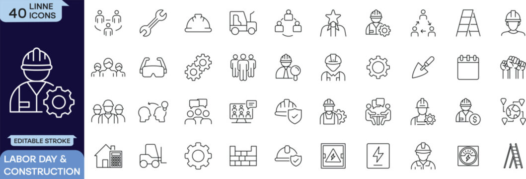 Labor Day construction worker line icons with engineering tools industry safety editable stroke outline vector pack
