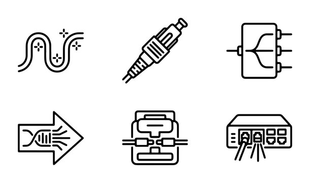Fiber Optic Technology Icons, Network Connection Symbols, Data Transmission Equipment, Digital Communication Hardware, Telecommunication Vector Graphics