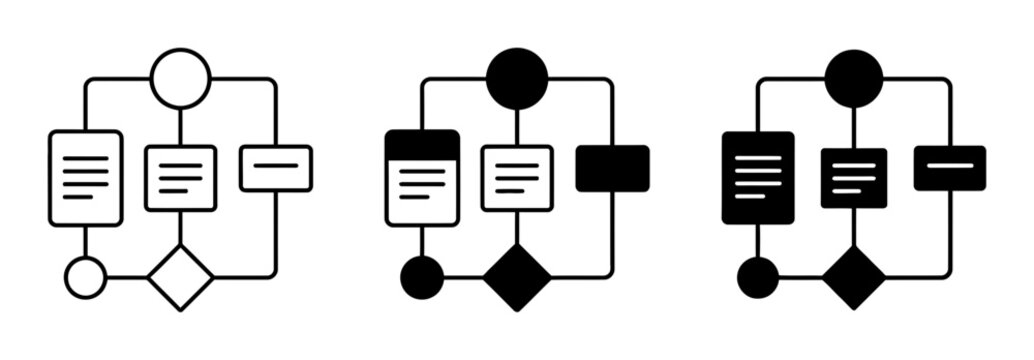Flowchart silhouette icons, solid black style, business process diagramming and data organization