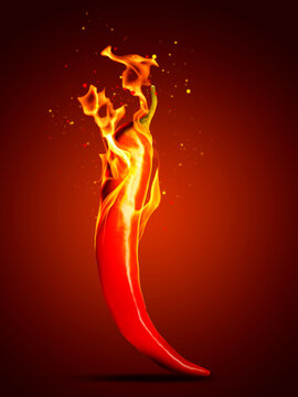 Hot chili pepper with flames on red gradient background