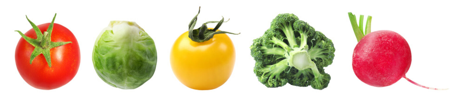 Fresh vegetables on transparent background, set. Brussels sprout, tomatoes, broccoli and radish