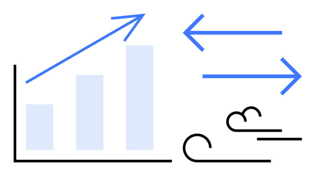Business growth, analytics, market dynamics, changes, progress, economic trends. Bar chart with upward arrow and directional arrows with wind element. Business growth and market dynamics