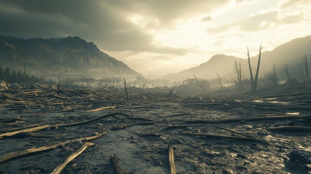 Devastated deforested landscape under overcast light with barren ground and mountainous background