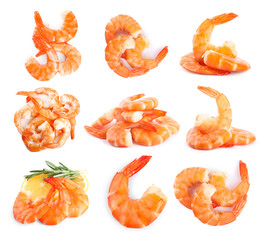 Fototapeta premium Delicious cooked shrimps isolated on white, set. Healthy seafood