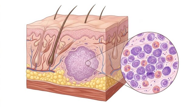 This illustration displays a cross-section of skin layers with a focus on a mast cell tumor. The structure details how tumors develop.