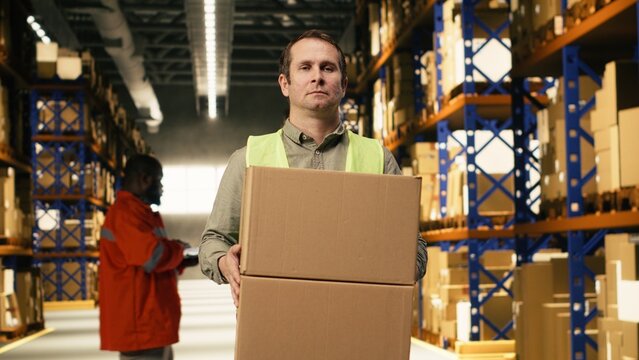Man staff member stacking packages filled with merchandise in warehouse, verifying cargo in cardboard boxes before dispatch and order fulfillment. Production workflow with safety compliance.
