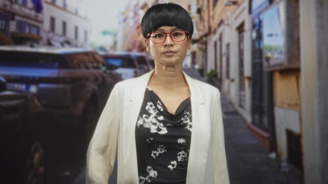 Woman wearing red glasses and a cream blazer touches her face and adjusts frames with both hands on a narrow city street with parked cars and buildings; quiet contemplation.
