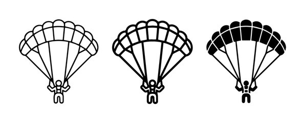 Parachute Icons, Skydiving Vector Graphics, Extreme Sports Symbols. Set of 3 minimalist parachute designs in outline and solid black, representing adventure and aerial descent. © AminulHaque