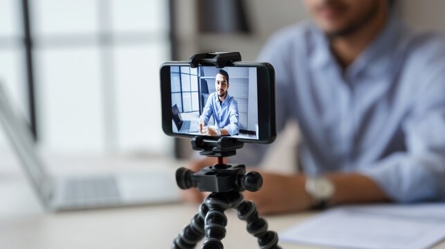 Person on smartphone screen participating in an online video call for a remote meeting, working from home, collaborating virtually, or producing a live vlog