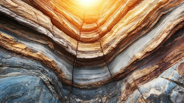 Dramatic geological layers of a mountain illuminated by harsh sunlight showcasing Earth's ancient strata