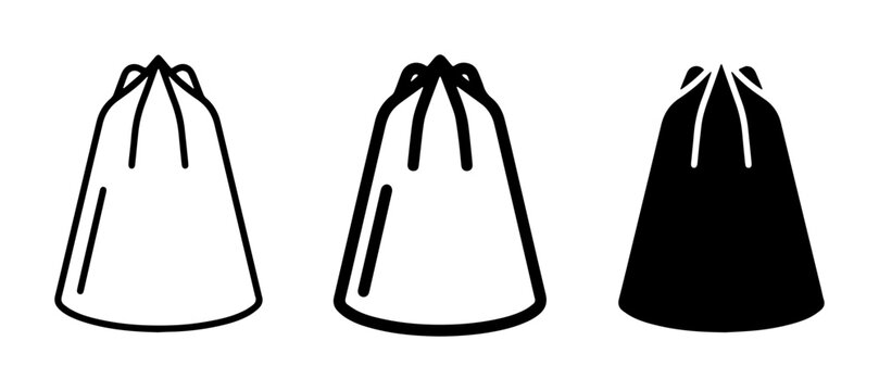 Drawstring Bag Icons, Simple Vector Graphics for Packaging and Storage, Set of Three Styles