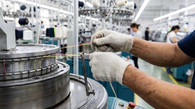 Factory worker adjusting colorful threads on a circular industrial knitting machine