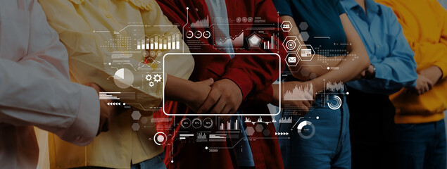 A diverse group of individuals stands united with crossed arms, enhanced by a modern data overlay symbolizing teamwork and collaboration in a technology-driven environment. Trope © InfiniteFlow