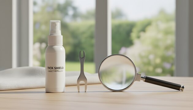 Tick shield insect repellent spray bottle with removal tool and magnifying glass on a wooden table for summer tick prevention and health care concept during mosquito season